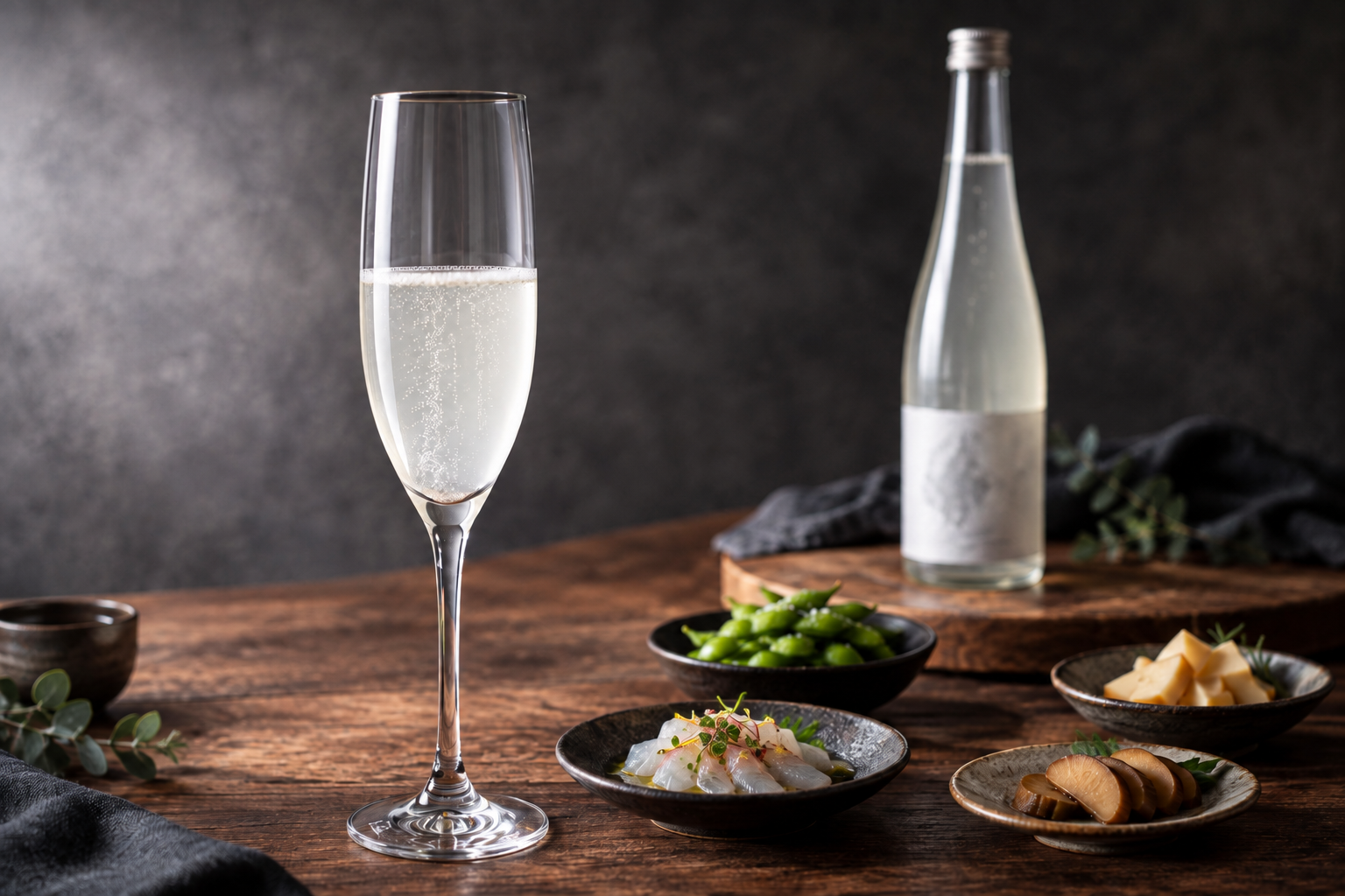 日本酒スパークリングとおつまみのイメージ画像